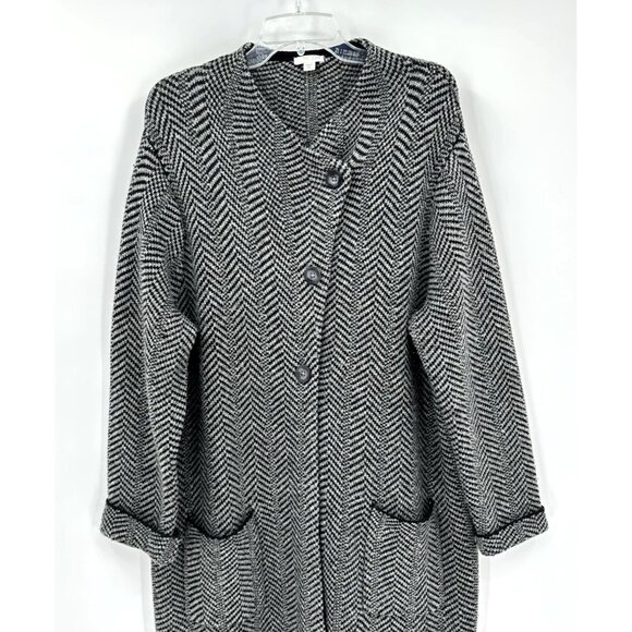 J JILL cardigan sweater coatigan wool blend heavy knit pockets black gray PXL - Picture 2 of 6